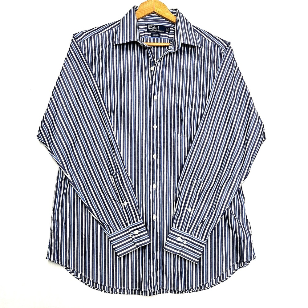 Vintage Polo By Ralph Lauren Curham Dress Shirt Mens XL 16.5-34 Striped Blue